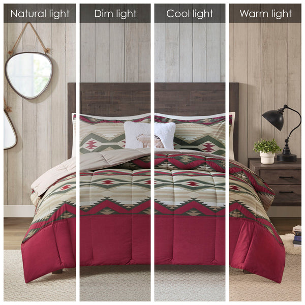 JLA Home Woolrich - Down Southwest-Inspired Comforter Set with Sherpa Bear Pillow, OEKO-TEX, Softspun Flannel Feel Red WR10-3861