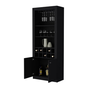 English Elm Clover Bar Cabinet with Wine Rack and Three Shelves, Tall Storage Cupboard with Doors for Entertaining Black 53.94 L x 33.86 W x 5.12 H B128P189932