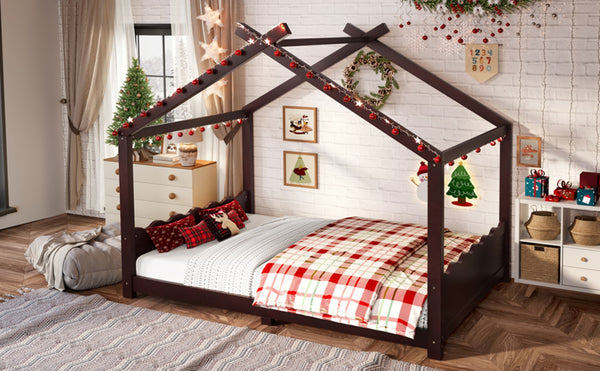 English Elm Twin House Frame Floor Bed Solid Pine Kids Room Montessori Low Profile Play Nook Espresso W1580P387842