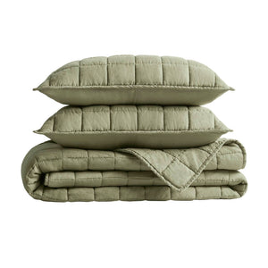 English Elm 3-piece French Linen Quilt Set King Garment Washed Box Stitch Breathable Bedding Olive Green B035P408302