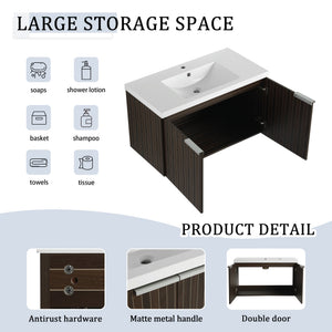 English Elm 36 Inch Silver-Brown Stripe Wall-Mounted Vanity with Resin Sink, Soft-Close Doors & Spacious Storage W999P204953