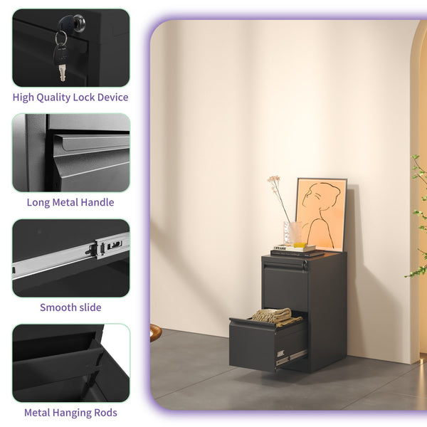 English Elm 2 Drawer Metal File Cabinet with Lock — Durable Steel Vertical Filing Unit, Anti-Tilt, Smooth Drawers, Adjustable Rails Black T2398P154414