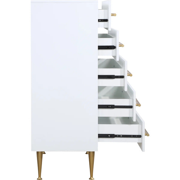 English Elm Contemporary 5-Drawer Chest with Brushed Gold Legs and Handle, Durable Wood Construction, Sleek Bedroom Storage White 39 L x 21 W x 43 H B011P353752
