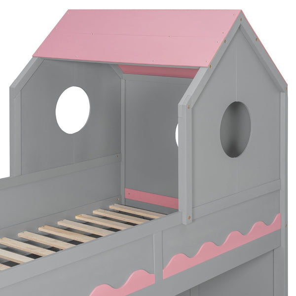 English Elm Twin Over Kids Bunk Bed with Castle Roofline Led Lights and Staircase Storage Gray N820S00068E