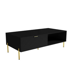 English Elm Mid-century Modern Coffee Table with Dual Drawers Tapered Legs and Open Storage Shelf Black T3609P482850