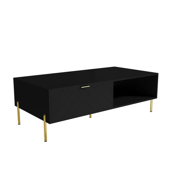 English Elm Mid-century Modern Coffee Table with Dual Drawers Tapered Legs and Open Storage Shelf Black T3609P482850