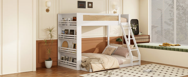 English Elm Twin Over Full Bunk Bed with Cane Guardrail Led Lighting and Built-in Bookshelf White LT000351AAK