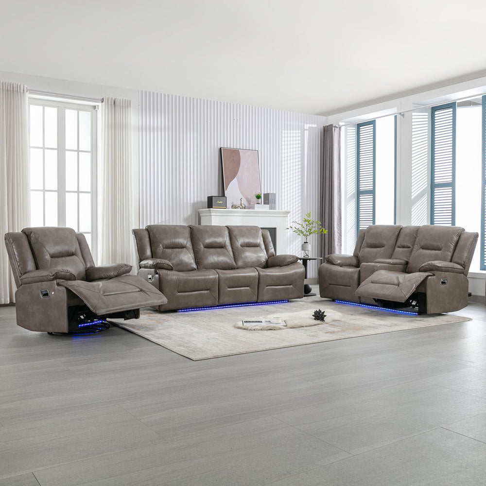 English Elm Home Theater Recliner Set with LED Accent Lighting, Dual Cup Holders, Gel Leather Comfort Seating Grey SG001470AAE
