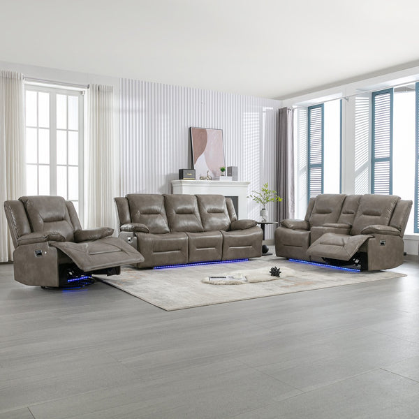 English Elm Home Theater Recliner Set with LED Accent Lighting, Dual Cup Holders, Gel Leather Comfort Seating Grey SG001470AAE