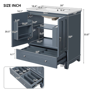 English Elm 30" Modern Bathroom Vanity with Ceramic Sink, Solid Wood Frame, Soft-Close Drawer & Adjustable Shelf Blue N710P293306C