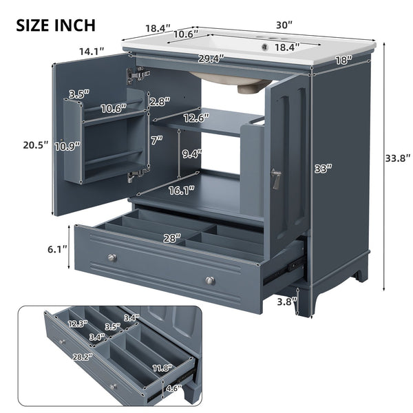 English Elm 30" Modern Bathroom Vanity with Ceramic Sink, Solid Wood Frame, Soft-Close Drawer & Adjustable Shelf Blue N710P293306C