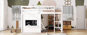 English Elm Twin Loft Bed House Frame with Sliding Chalkboard Built-in Bookshelf and Safety Rails White W1580S00319