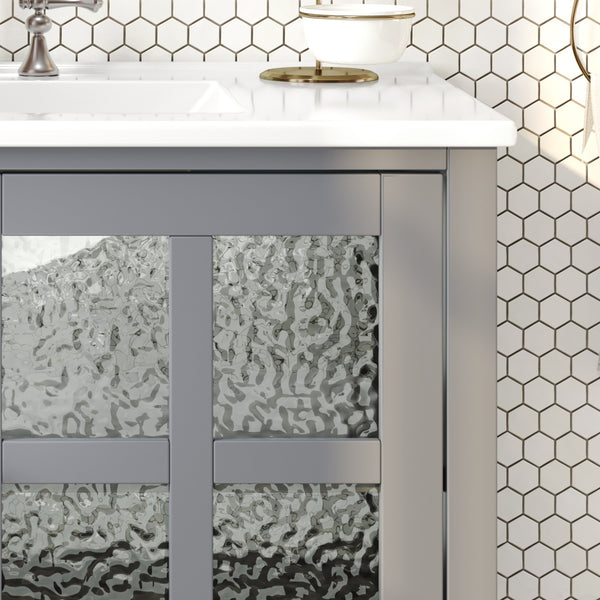 English Elm Christopher Knight Home® - 36" Bathroom Vanity with Ceramic Sink, Solid Wood Legs, Waterproof Finish, Soft-Close Hinges, Open Shelf, Silver Knobs Gray N817P286249G