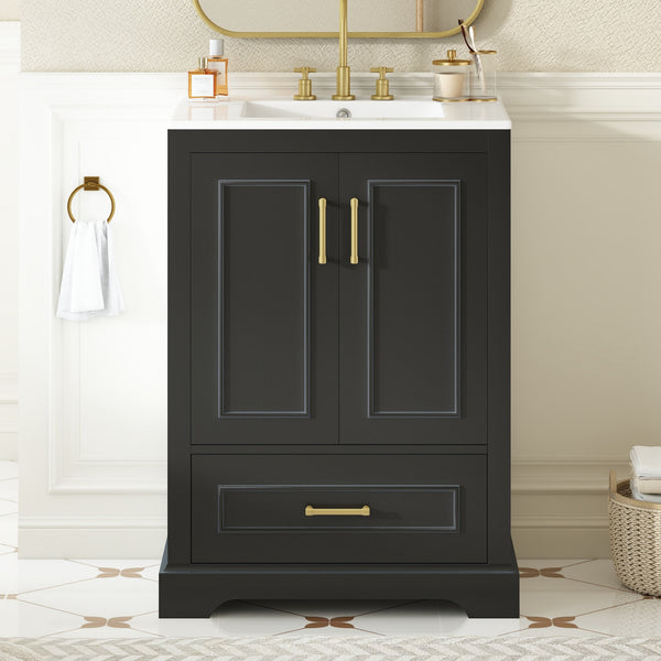 English Elm 24"Bathroom Modern Vanity with Ceramic Sink, Solid Wood Frame, Soft-Close Doors & Smart Storage System Black N729P321378B