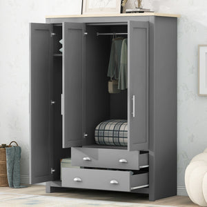 English Elm Three Door Pine Wardrobe with Two Drawers & Dual Hanging Rods, Gray Storage Armoire for Closet Organization, Sturdy MDF Build GX001834AAE