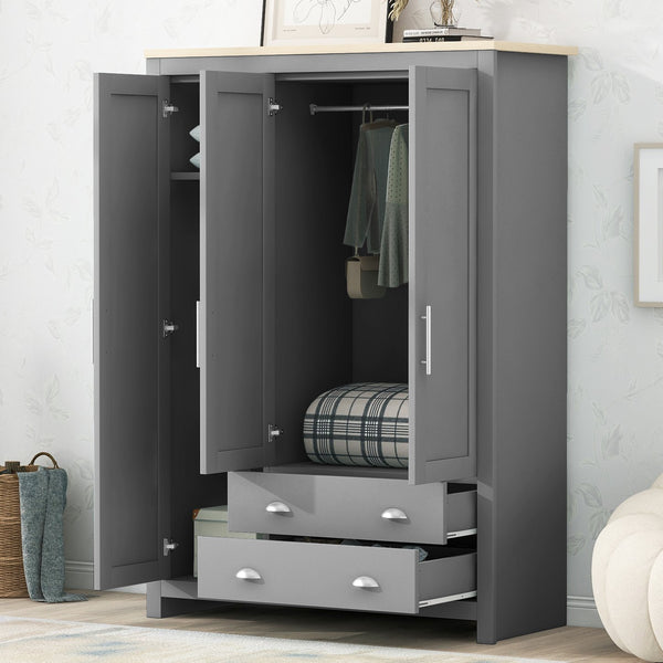English Elm Three Door Pine Wardrobe with Two Drawers & Dual Hanging Rods, Gray Storage Armoire for Closet Organization, Sturdy MDF Build GX001834AAE