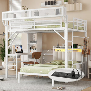 English Elm Ful Full-over-Twin Metal Bunk Bed with Desk, Bookshelves, LED Lighting & USB Charging Station, White W2580S00041