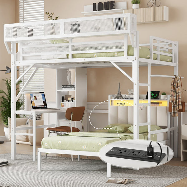 English Elm Ful Full-over-Twin Metal Bunk Bed with Desk, Bookshelves, LED Lighting & USB Charging Station, White W2580S00041