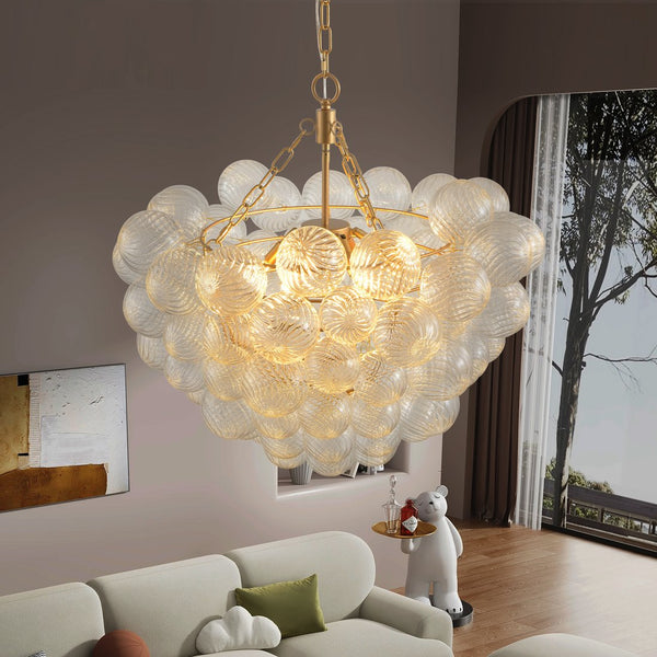 English Elm 23.6-Inch Gold Pendant Light Chandelier with 6 G9 Sockets, Threaded Clear Glass Globes, Adjustable Height W1340P251916