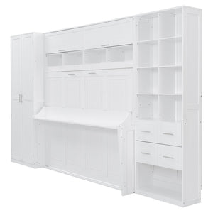 English Elm Queen Murphy Wall Bed Cabinet System with Wardrobe Drawers and Shelving in White Mdf LP000384AAK-1