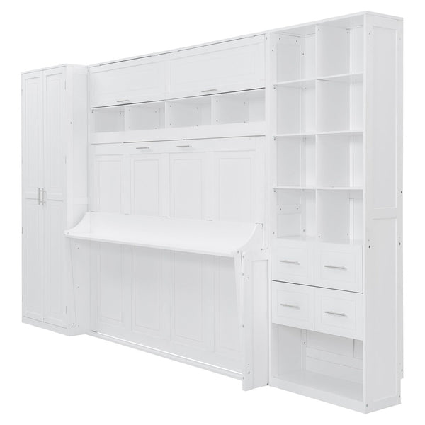 English Elm Queen Murphy Wall Bed Cabinet System with Wardrobe Drawers and Shelving in White Mdf LP000384AAK-1