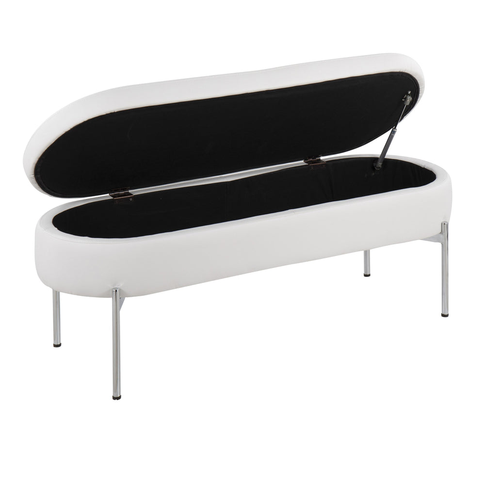 English Elm Chloe Storage Bench with Flip-Top Lid, White Faux Leather & Chrome Base — Glam Seating + Storage B202P223835