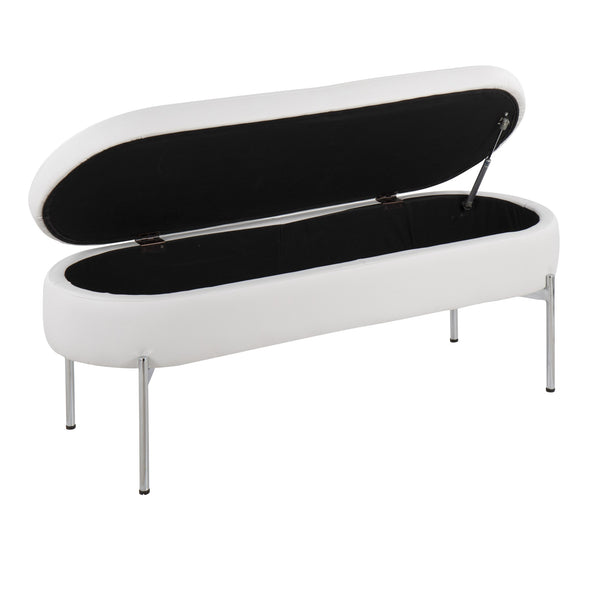 English Elm Chloe Storage Bench with Flip-Top Lid, White Faux Leather & Chrome Base — Glam Seating + Storage B202P223835
