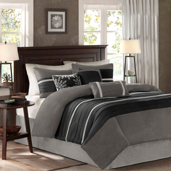 English Elm 7 Pc Madison Park Palmer Faux Suede Comforter Set In Black & Grey - Stylish Cal King Bedding Ensemble B03596986