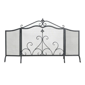 English Elm Onyx 3-panel Forged Iron Fireplace Screen with Fleur-de-lis Scrollwork Matte Black N775P386819B