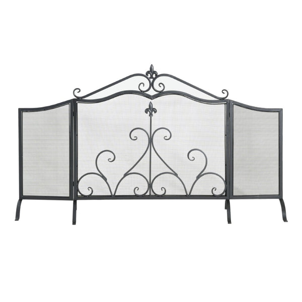 English Elm Onyx 3-panel Forged Iron Fireplace Screen with Fleur-de-lis Scrollwork Matte Black N775P386819B