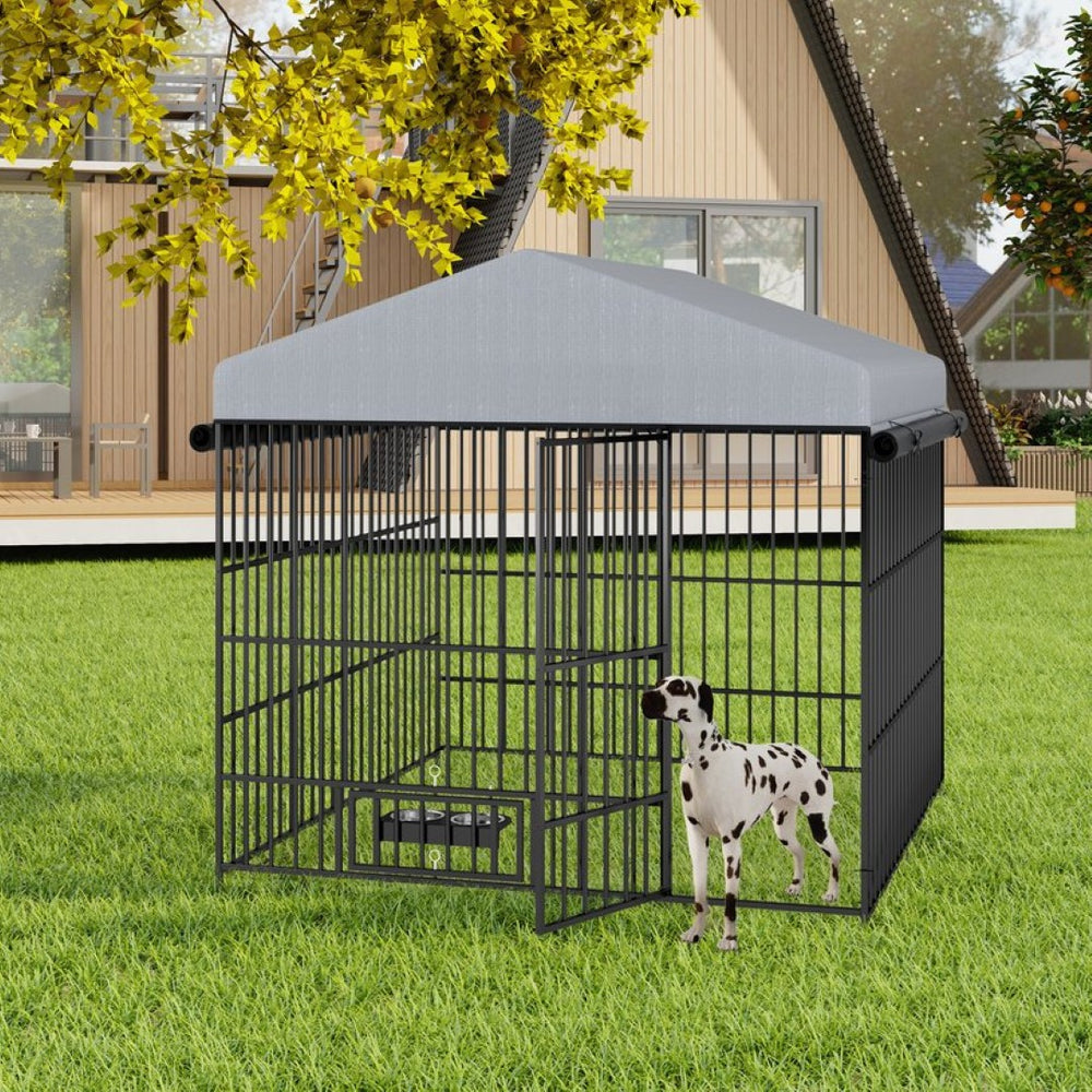 English Elm Large Outdoor Dog Kennel Heavy Duty Iron Run with Waterproof Canopy and Feeding Bowls W1820P321938