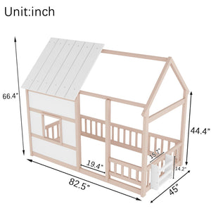 English Elm Twin House Frame Floor Bed Pinewood Build with Led Roofline Kids Bedroom Cream,White W697P435884