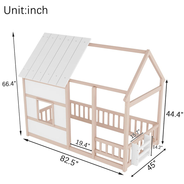 English Elm Twin House Frame Floor Bed Pinewood Build with Led Roofline Kids Bedroom Cream,White W697P435884
