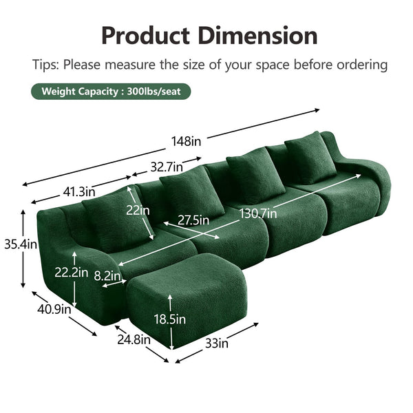 English Elm L-Shaped 4-Seat Boneless Sofa In Plush Teddy Fabric - No Assembly, Anti-Slip, Ideal For Living Rooms! W714S01445