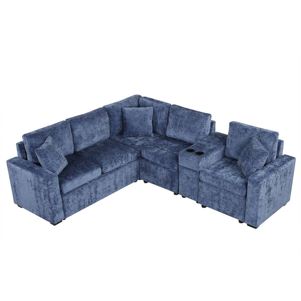 English Elm 120.5" L-shaped Convertible Sofa Bed Modular Sectional with Pull-Out Sleeper, Chenille, Storage, Cup Holders Blue N719S001940C