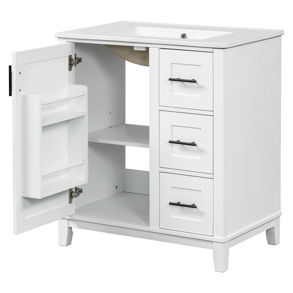 English Elm 30-inch Modern Bathroom Vanity with Ceramic Basin, Rubberwood Frame, Soft-Close Drawers & Organized Storage White N729P290689K