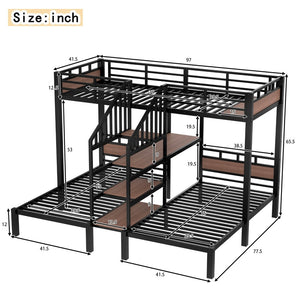 English Elm Twin Triple Bunk Bed Black Metal Frame with Built-in Storage Stairs and Shelves W1580S00619