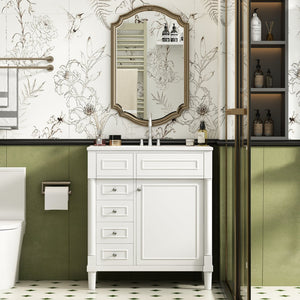English Elm 30" Bathroom Vanity with Sink — Freestanding Modern Cabinet with Soft-Close Door, 2 Deep Drawers, Durable Basin White N710P288938K