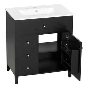 English Elm 30-Inch Contemporary Bathroom Vanity with Sink, MDF & Rubberwood, Glossy Finish, 3 Drawers + Cabinet Black N725P350819B