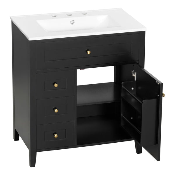 English Elm 30-Inch Contemporary Bathroom Vanity with Sink, MDF & Rubberwood, Glossy Finish, 3 Drawers + Cabinet Black N725P350819B