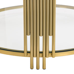 English Elm Modern Glass Coffee Table 31.5" – Asymmetrical Gold Metal Drum Base, Tempered Clear Top & Lower Shelf N735P177478K