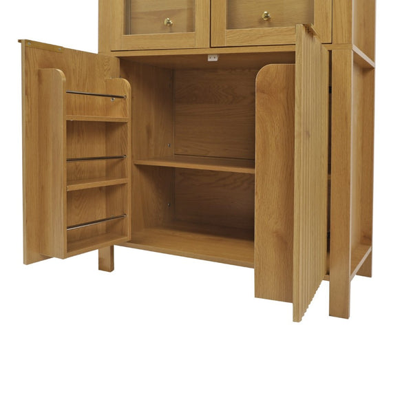 English Elm 71" Arched Glass Barn Door Pantry Cabinet Farmhouse Mdf Storage for Kitchen Dining Oak W2917S00015