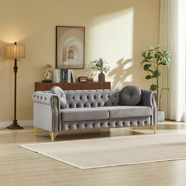 English Elm 82-inch Velvet Chesterfield Sofa Tufted Button Back with Copper Studs and Gold Metal Legs Grey W834S00618