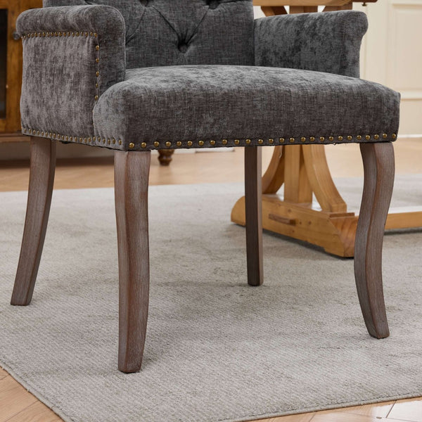 English Elm Upholstered Chenille Club Dining Chair Tufted High Back with Curved Solid Wood Legs Gray W1143P449348