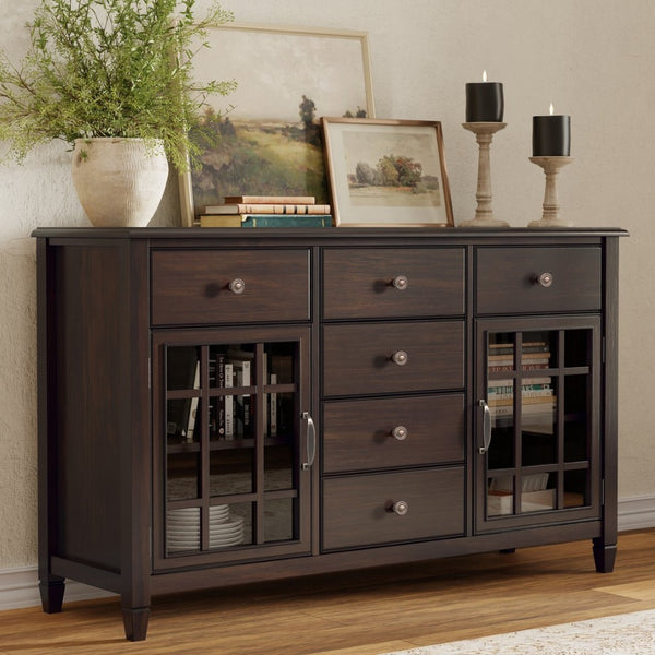 English Elm Connaught Solid Wood Buffet Sideboard with Glass Doors and Six Drawers for Dining B136P439004
