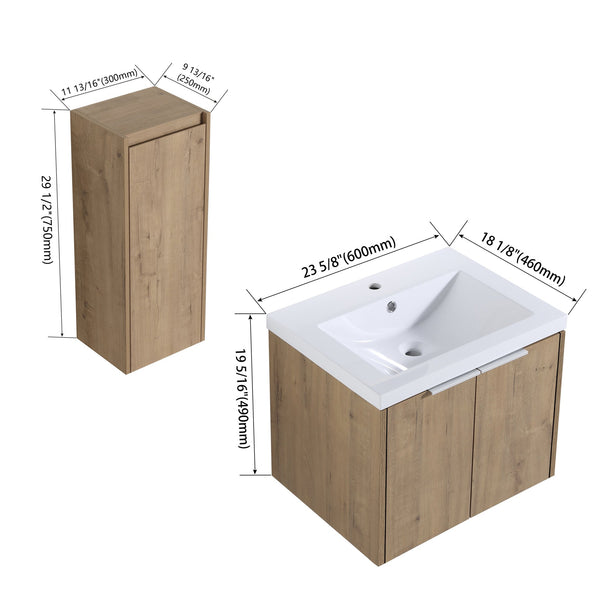 English Elm 24" Wall-Mounted Bathroom Vanity Set With Resin Sink & Side Cabinet – Soft-Close Doors, Modern Design W999S00217