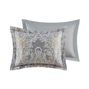 English Elm 5 Piece Cotton Duvet Cover Set Hallie Grey Damask Full/Queen — Cotton Sateen, OEKO-TEX, Embroidered Pillows B035129118