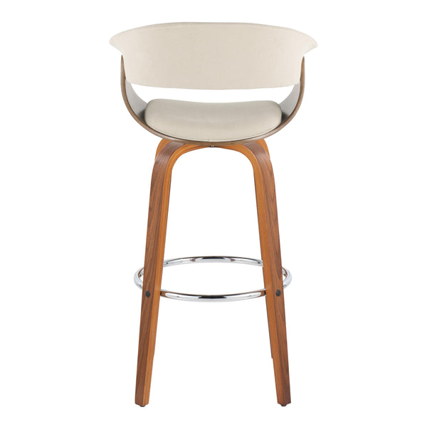 English Elm Vintage Mid-Century Barstool 30" Fixed-Height Swivel with Walnut Legs, Cushioned Backrest & Chrome Footrest Cream B202S00727