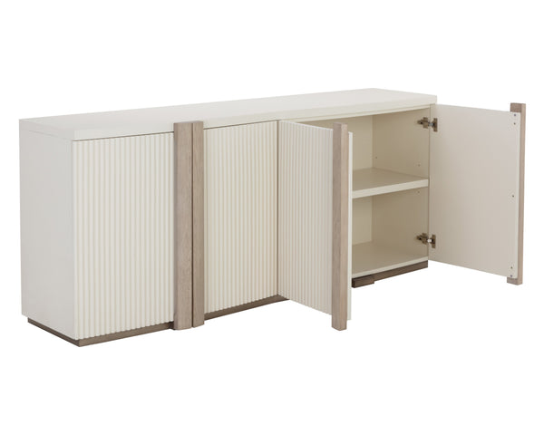 Sunpan Venetta Sideboard - Spacious Cream Storage with Light Oak Handles, Reeded Doors & Brass Accents