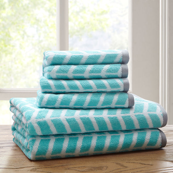 JLA Home Intelligent Design - Cotton Jacquard reversible 6‑pc towel set in rich aqua geometric print, plush 2‑ply cotton, OEKO‑TEX certified ID91-524